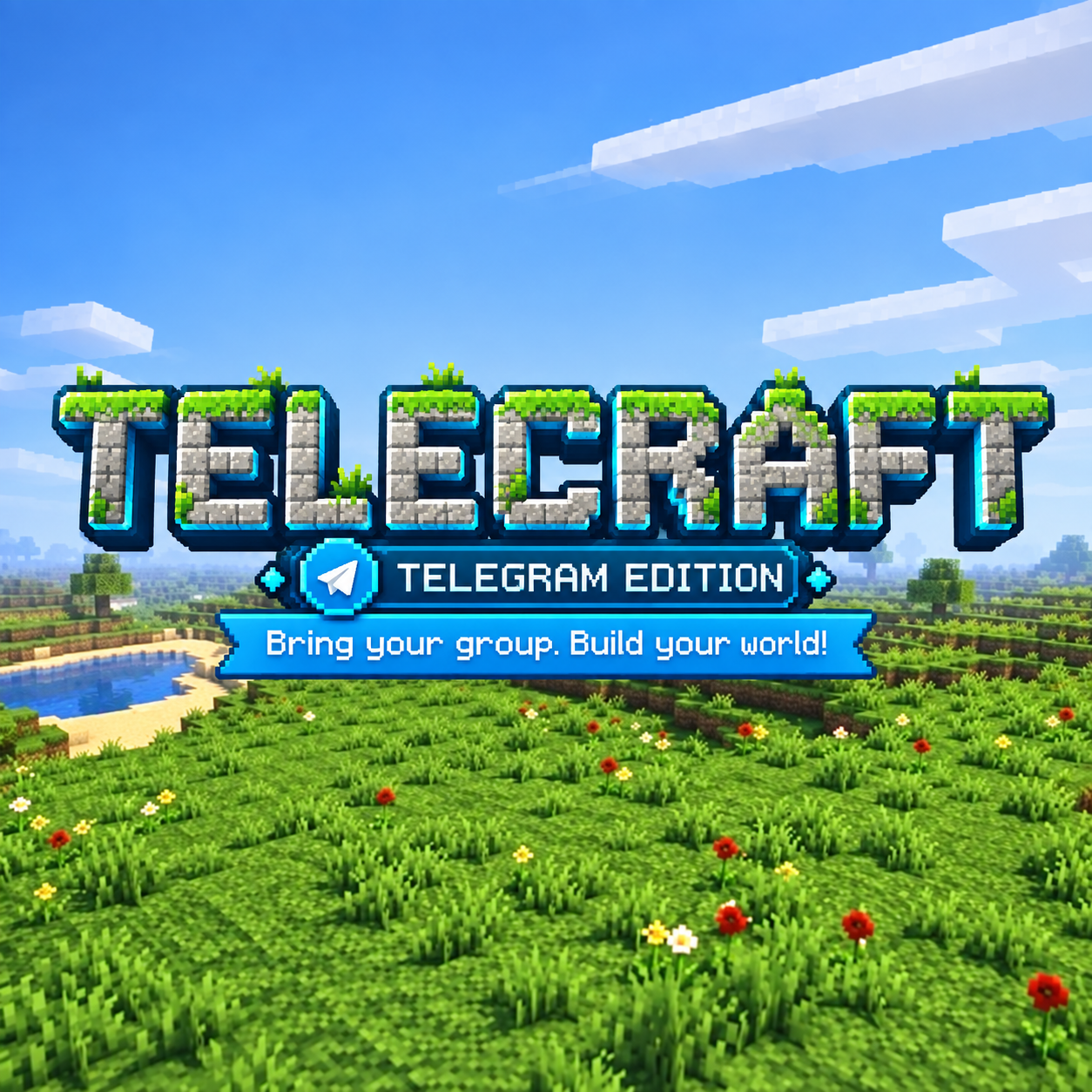 Telecraft stone logo above a sunny voxel landscape with Telegram paper plane emblem